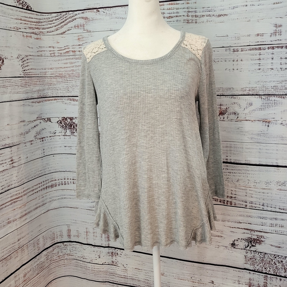 Taylor & Sage‎ Ribbed Babydoll And Lace Top Small Gray Cream